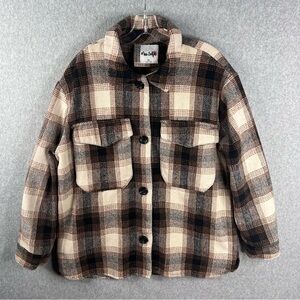 Miss Selfie Plaid Womens Shacket Sz XL Black Cream Tan Fall Jacket Utility 90s